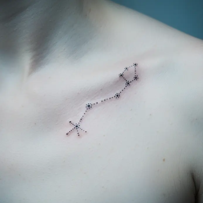 A subtle, curved line tattoo tracing the Sagittarius constellation along the line of the collarbone.
