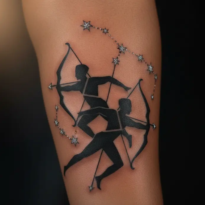 A black geometric tattoo combining sharp lines of an archer with dotwork constellation stars on the forearm.