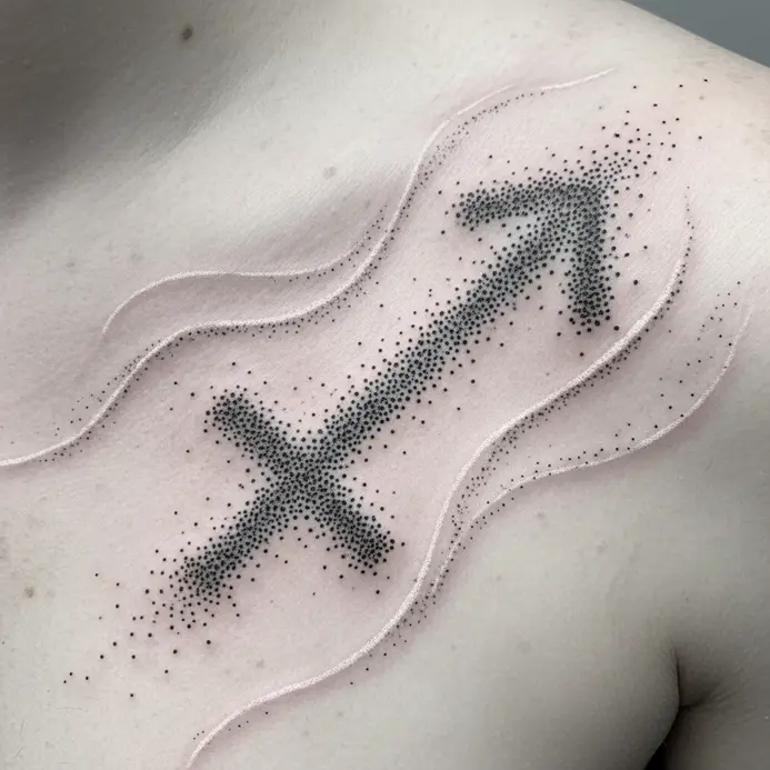 A cluster of fine dots forming the Sagittarius constellation on the curve of a shoulder.