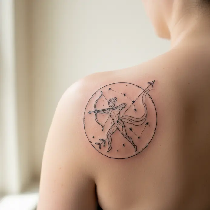 A curved line of the Sagittarius star map paired with crescent moon symbols along the underbust.