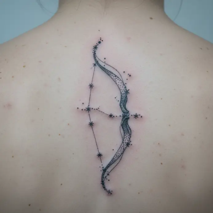 An elongated, abstract design where the Sagittarius constellation dots create a bow shape down the spine.