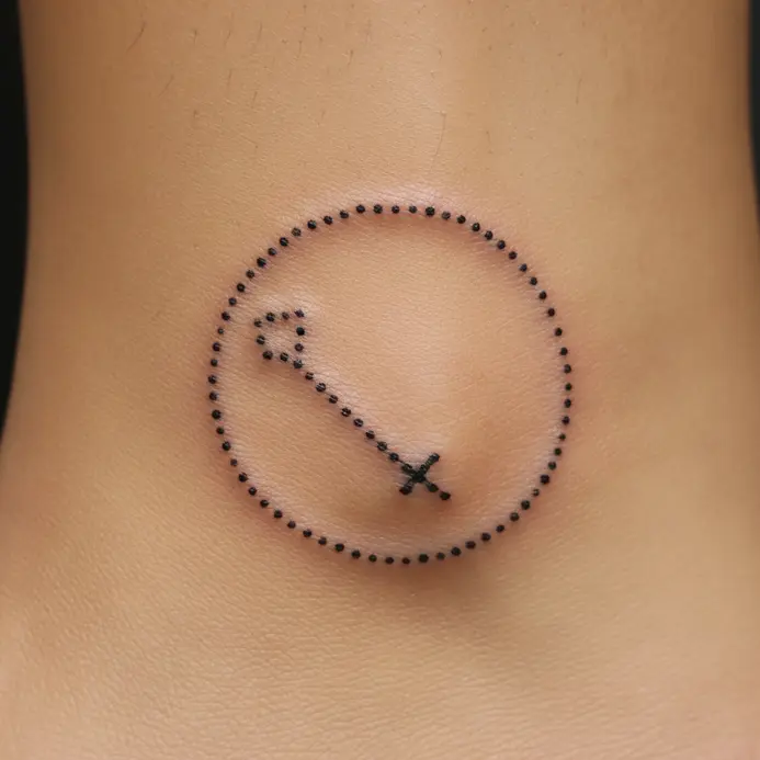 A dainty tattoo of the Sagittarius constellation with tiny star highlights wrapped around an ankle.