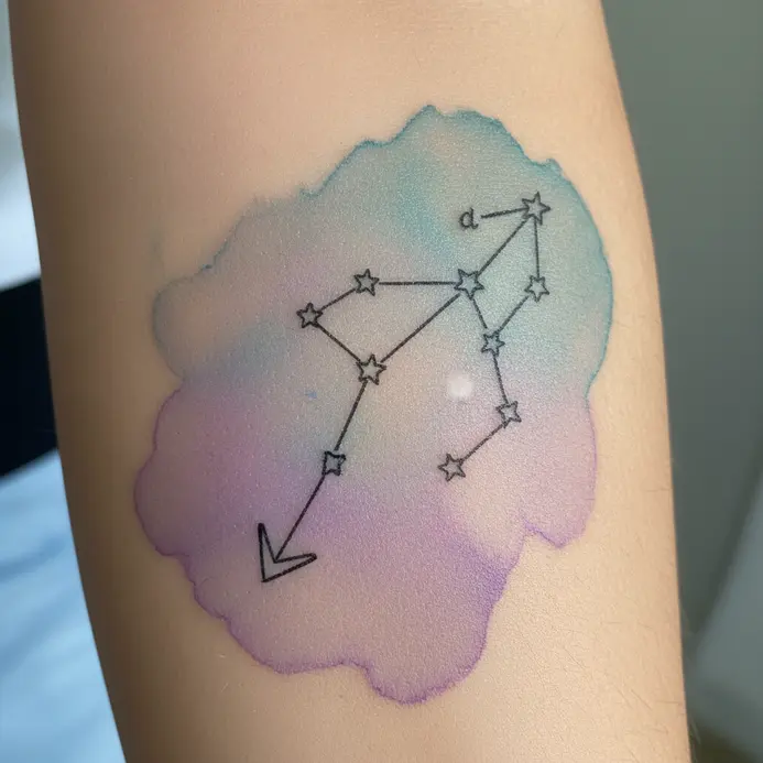 The Sagittarius constellation overlaid with a soft blend of purple and blue watercolor ink on the arm.