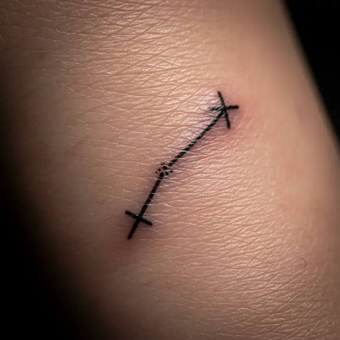 A thin, continuous black line forming the Sagittarius constellation pattern on the side of a finger.