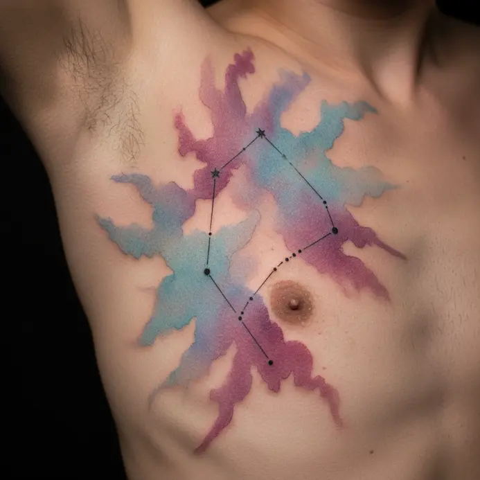 A Scorpius constellation tattoo on the ribs, with stars connected by soft lines and surrounded by blue and purple watercolor washes.
