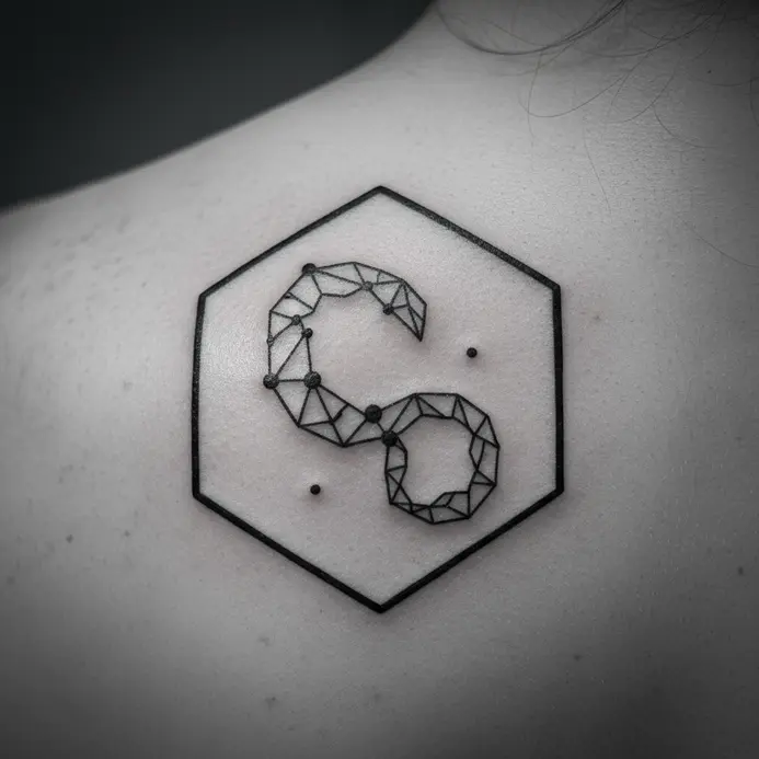 The Scorpius constellation contained within a precise black hexagon tattoo on the upper back.