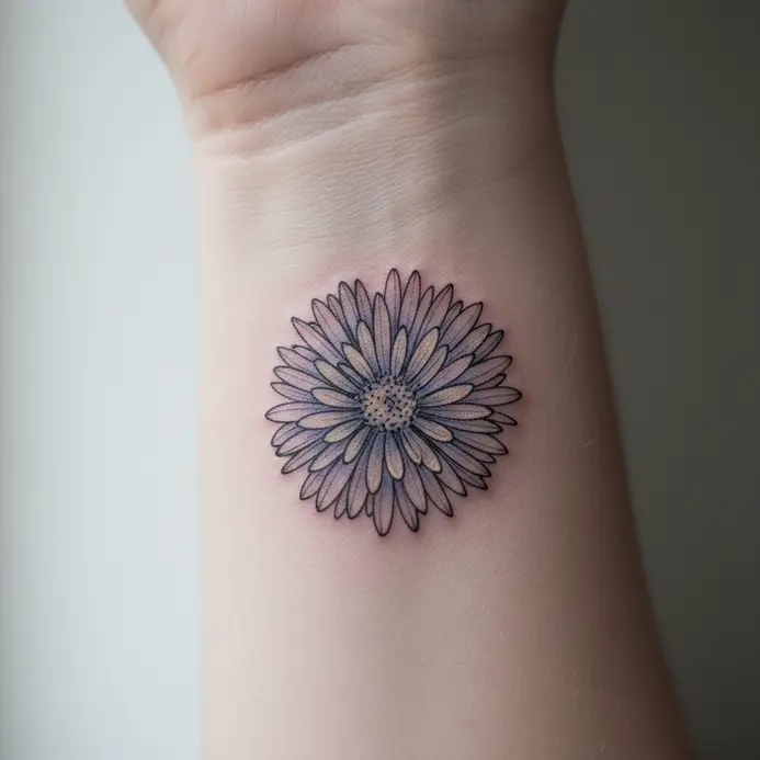 A single, detailed aster flower drawn with thin black lines on the inner wrist.