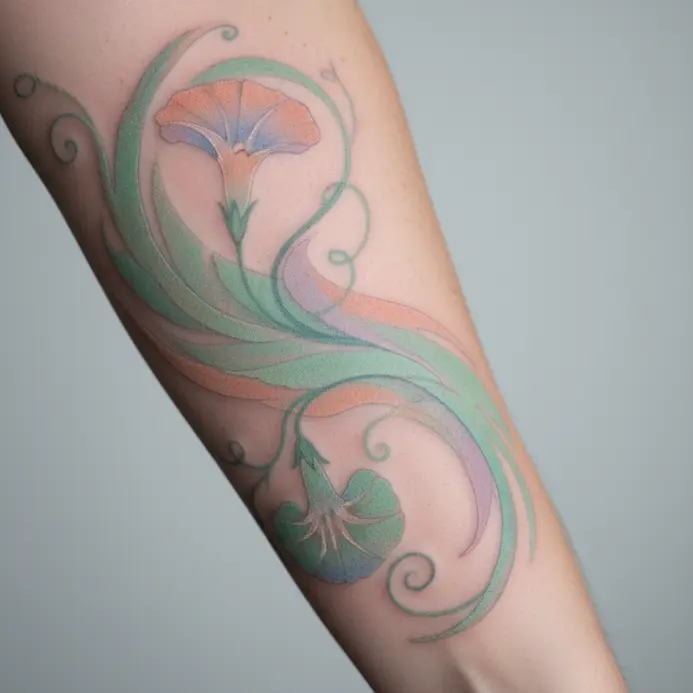 Soft pastel washes of color suggest the shape of morning glory flowers on the upper thigh.