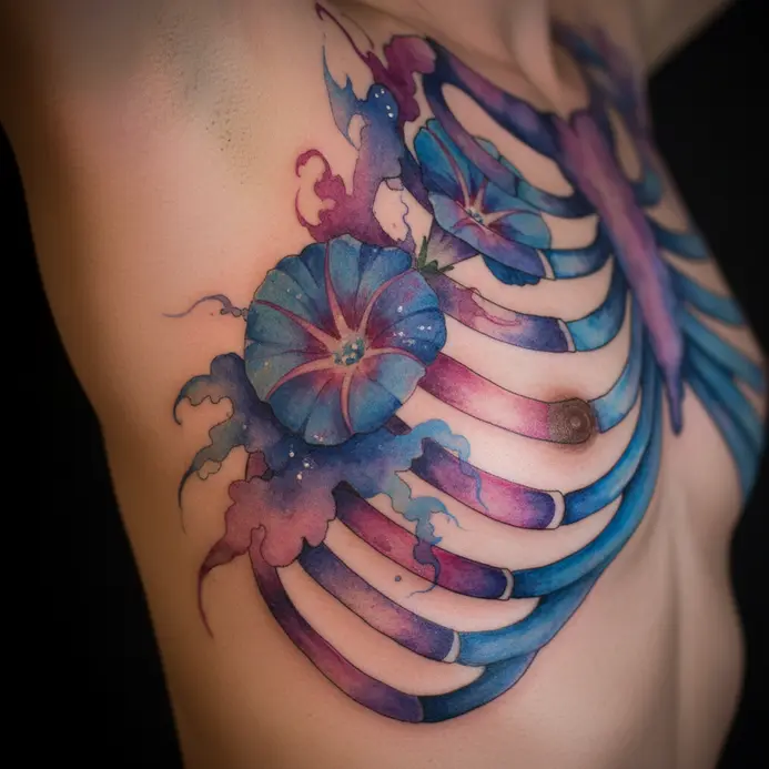 A soft blue and purple morning glory bloom with watercolor splashes along the side of the torso.