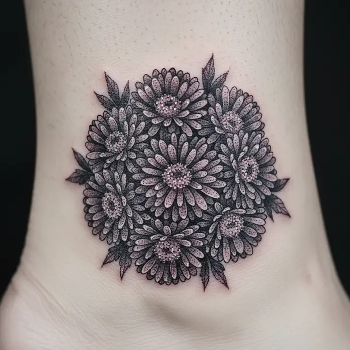 A small cluster of aster flowers created with tiny dots wraps around the ankle bone.