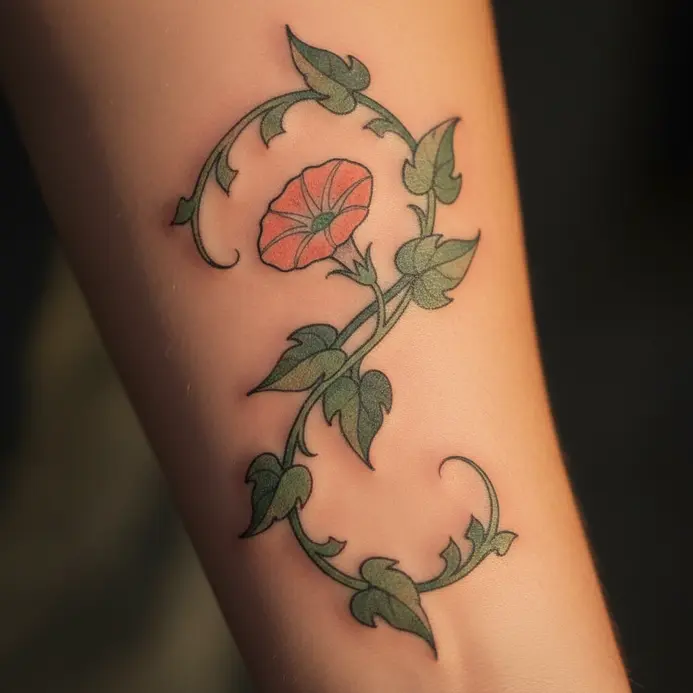 A twisting morning glory vine with leaves and a single bloom wraps around the forearm in an ornamental style.