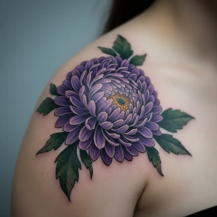 A photorealistic purple aster with detailed petals and a green stem sits on the shoulder.