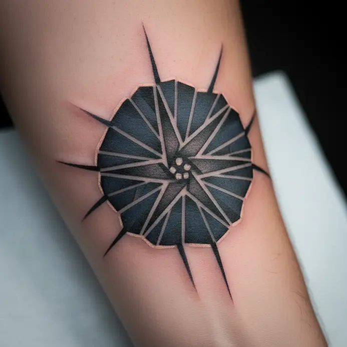 A simplified morning glory flower composed of clean lines and geometric shapes is placed behind the ear.