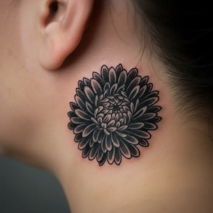 A classic, bold-lined aster flower with solid black shading is tattooed behind the ear.