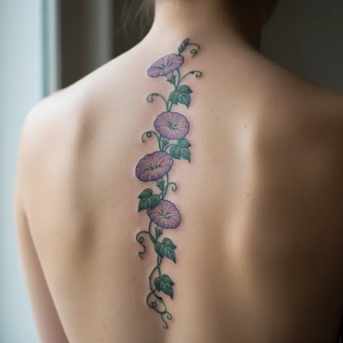 A delicate morning glory vine with leaves and blossoms trails vertically down the center of the back.