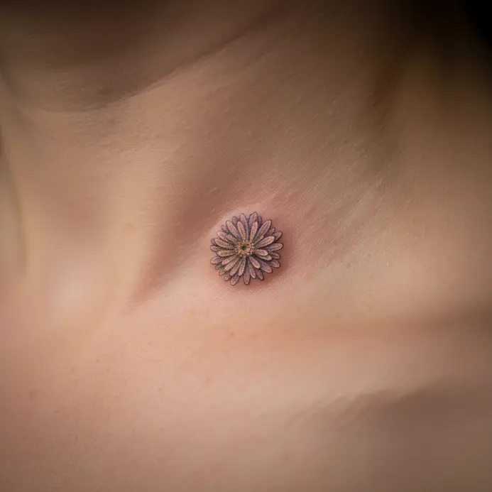 A very small, intricately detailed aster flower is tattooed just above the collarbone.