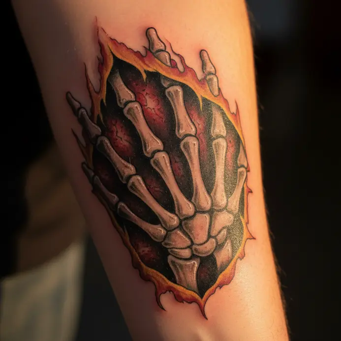 A tattoo creating the illusion of a skeletal hand emerging from beneath torn, realistic skin.