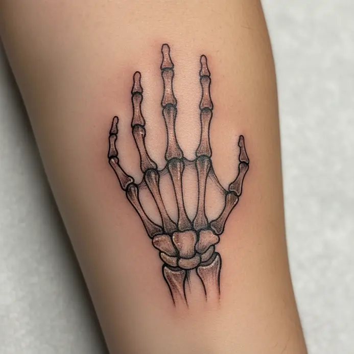 A minimalist fine line tattoo showing a simple outline of a skeletal hand on skin.