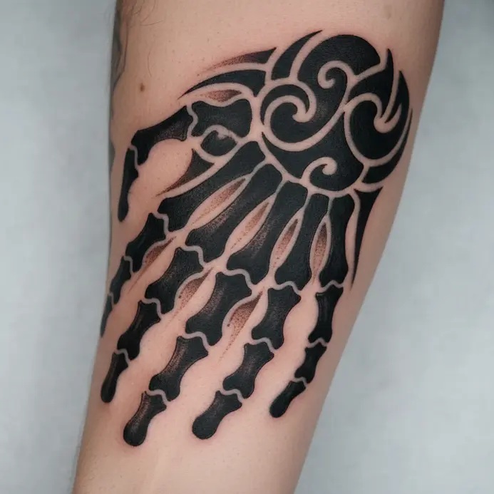 A bold black tribal tattoo pattern derived from the abstracted shape of a skeletal hand.