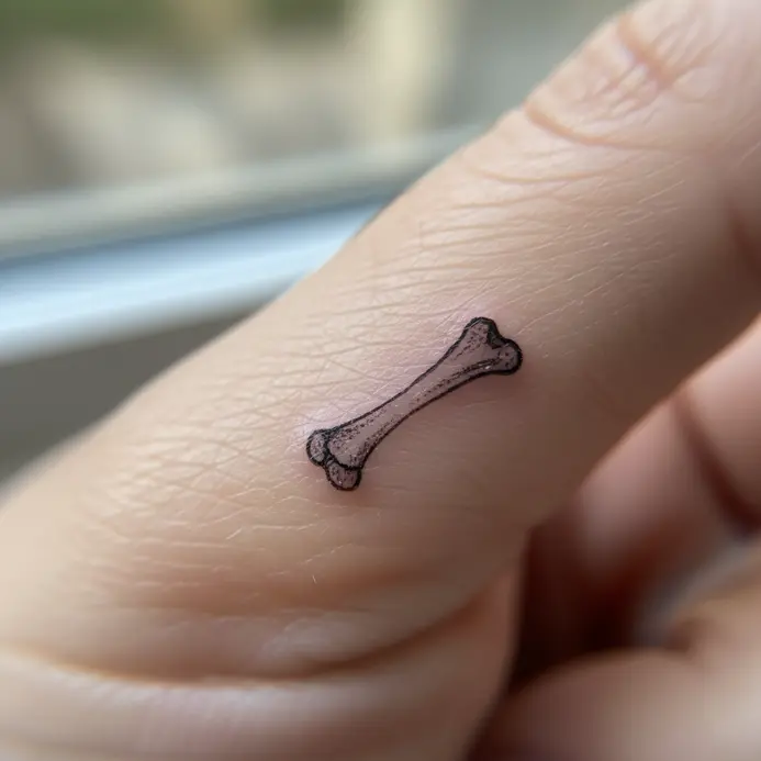 A tiny, detailed single needle tattoo depicting an individual phalange bone.