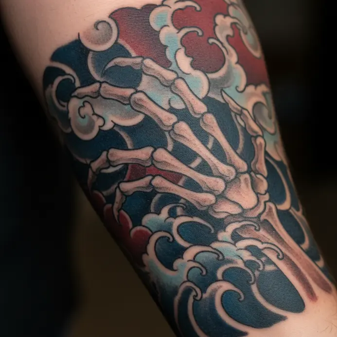 A tattoo blending a skeletal hand motif with traditional Japanese Irezumi style waves and background.
