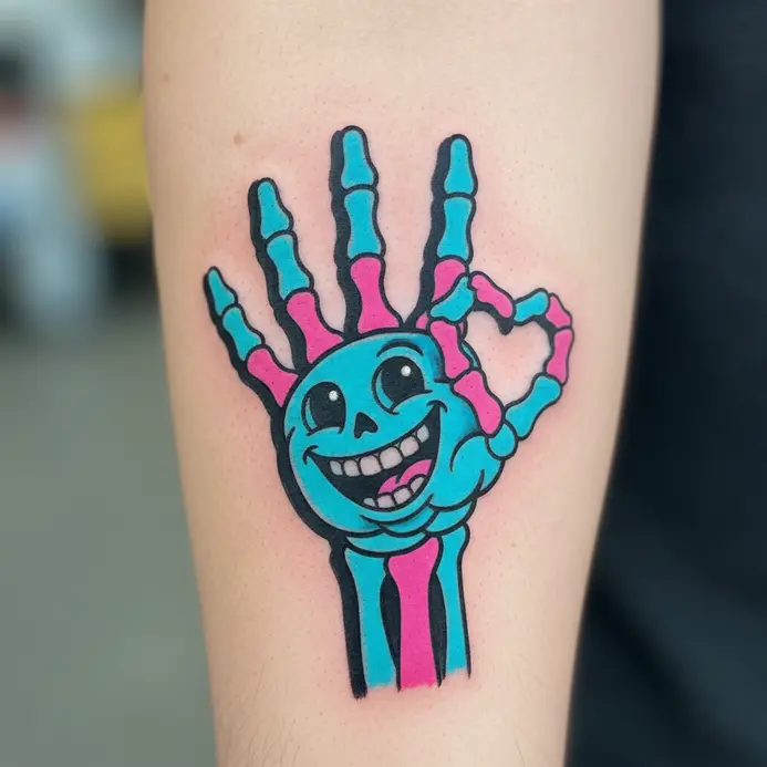 A cartoon style tattoo of a cheerful, animated skeleton hand with a playful expression.