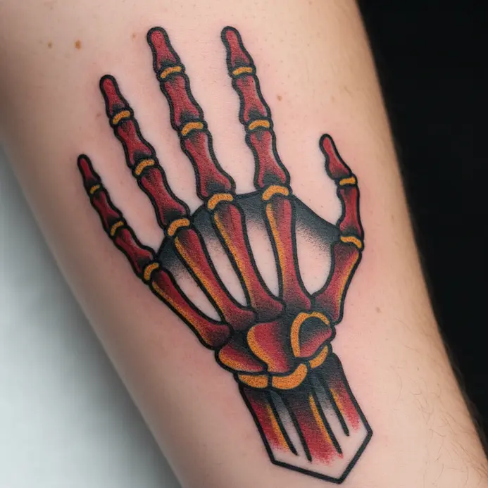 A vibrant traditional American style tattoo featuring a bold, stylized skeleton hand design.
