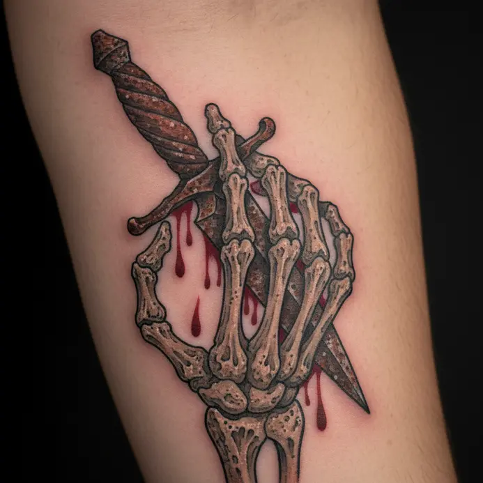 A tattoo showing a dagger stabbed through a skeletal hand rendered with a porous, osteoporosis-inspired bone texture.