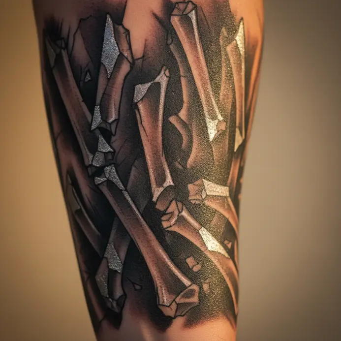 An abstract blackwork tattoo sleeve featuring geometric interpretations of shattered bone pieces.