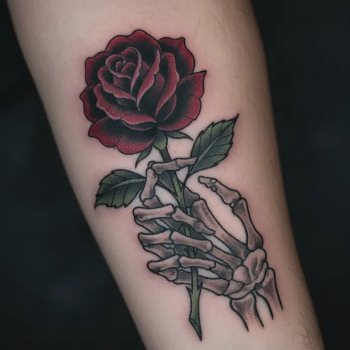 A dark illustrative tattoo showing a detailed skeletal hand holding a blooming rose.