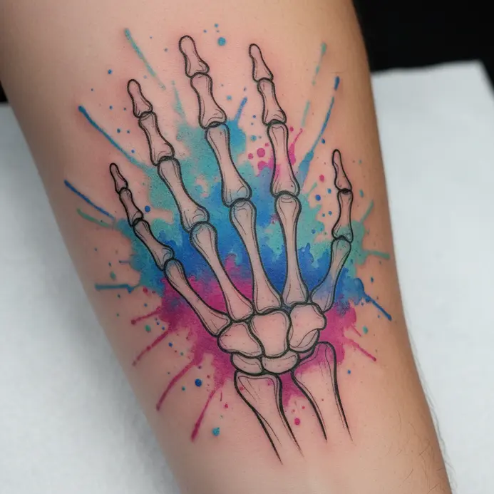 A watercolor tattoo featuring a skeletal hand design blended with soft color splashes and splatters.