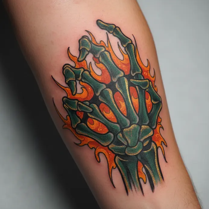 A neo-traditional tattoo with bold lines and modern colors showing a skeleton hand in a gripping claw pose.