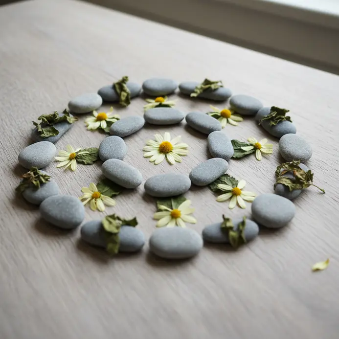 A child's hand placing a smooth gray stone into a colorful mandala pattern on the ground.