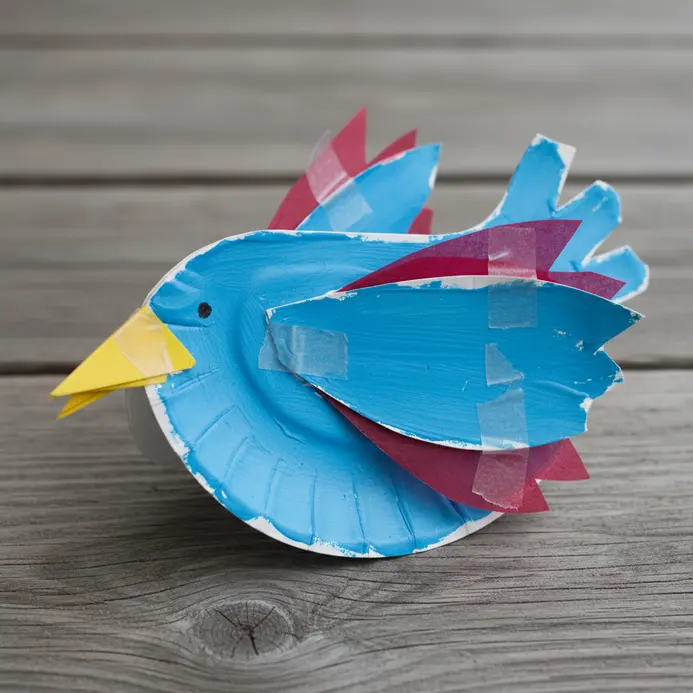 A paper plate bird with a yellow beak and feathery tissue paper wings.