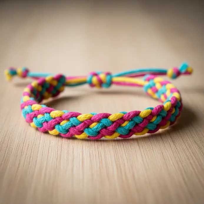 A child's wrist wears a chevron-patterned friendship bracelet in rainbow colors.