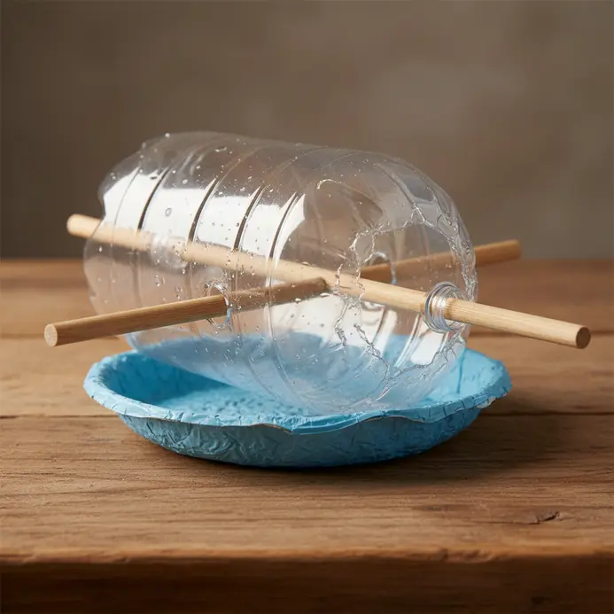A clear plastic bottle feeder with perches holds birdseed on a fence.