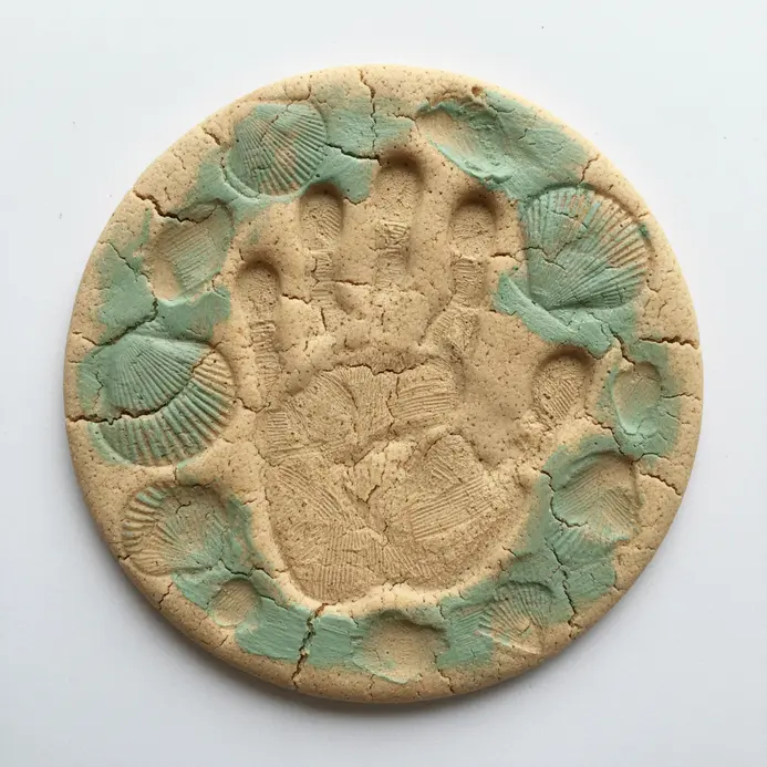 A painted salt dough handprint ornament decorated with tiny seashells.