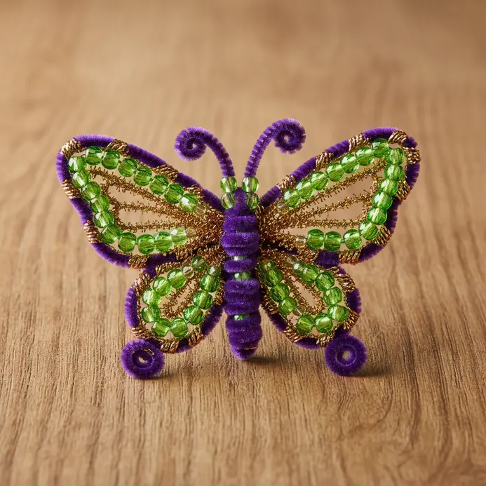 A purple and yellow pipe cleaner butterfly with beaded antennae.