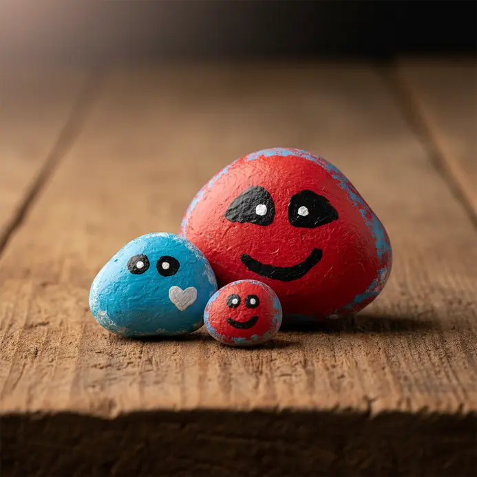 Three painted rocks with smiling faces sit on a wooden table.