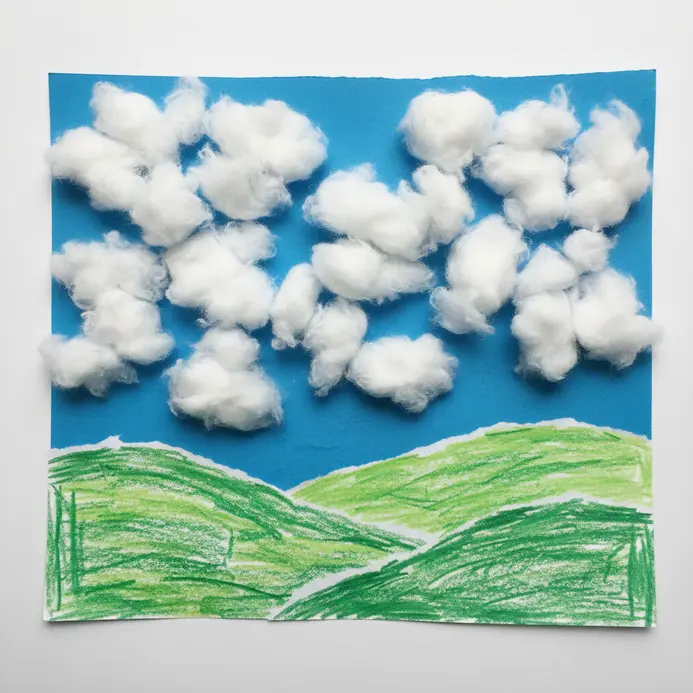 A paper collage shows fluffy cotton ball clouds above a drawn green hill.