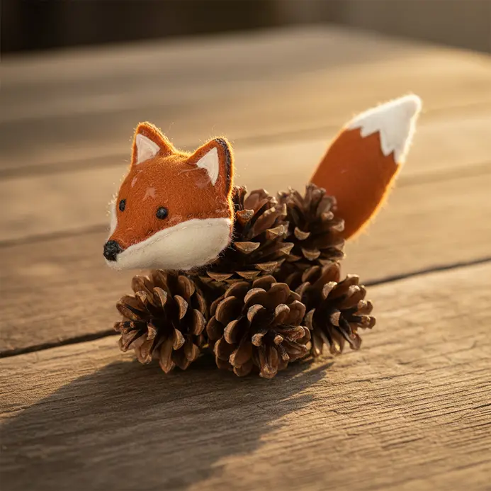 A pinecone owl with orange felt wings and big googly eyes.