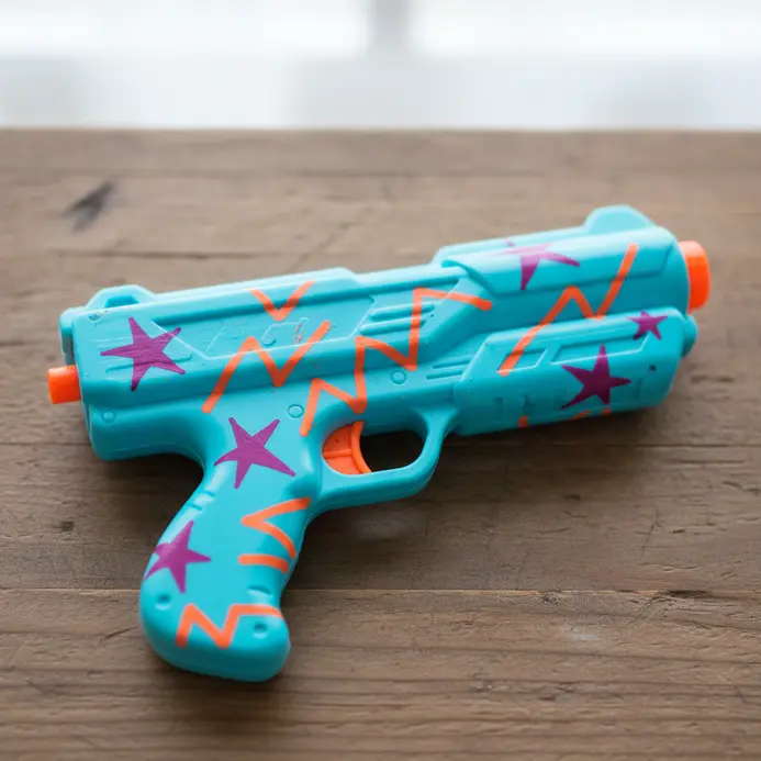 A child holds a squirt gun decorated with zigzag and star patterns.