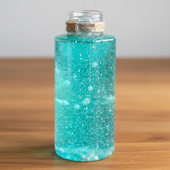 A sealed water bottle swirls with blue glitter and small sea creature charms.
