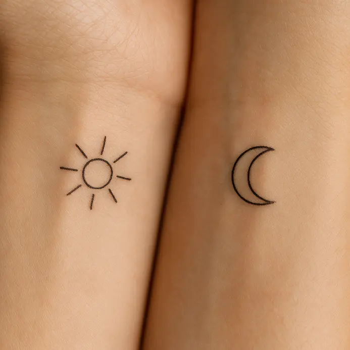 Two wrists showing matching minimalist sun and moon tattoos in fine black linework.