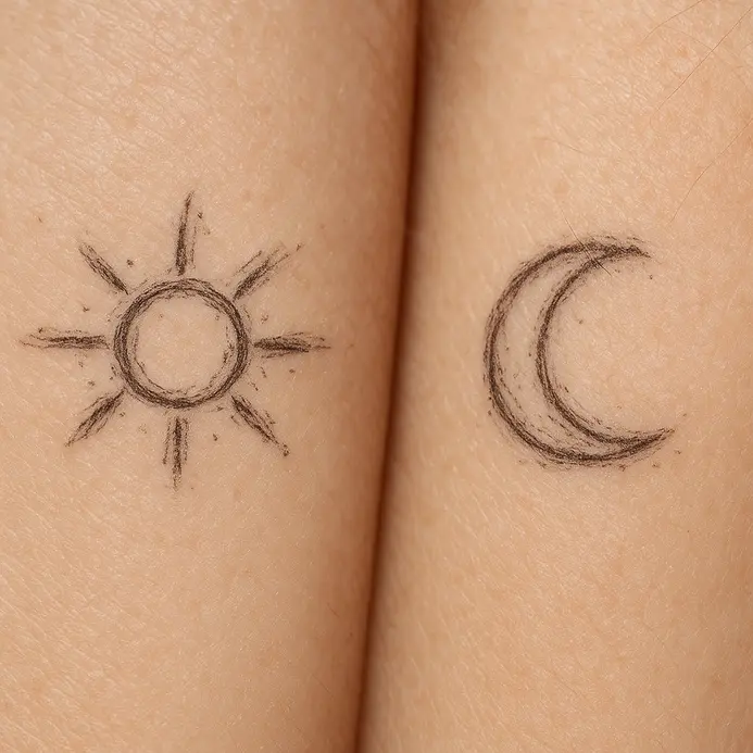 Artistic, sketch-style sun and moon tattoos on two necks, done with a single needle for a fine line.