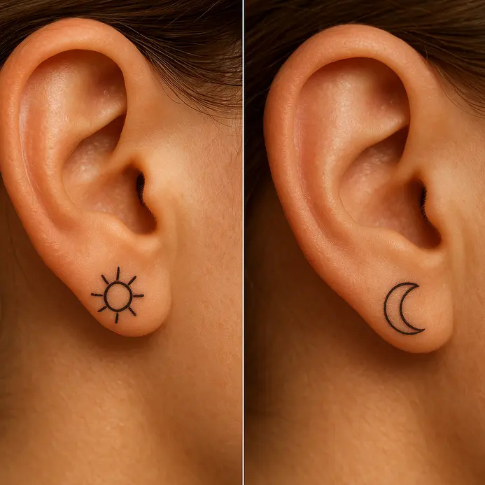 Simple outline drawings of a sun and moon placed discreetly behind two ears.