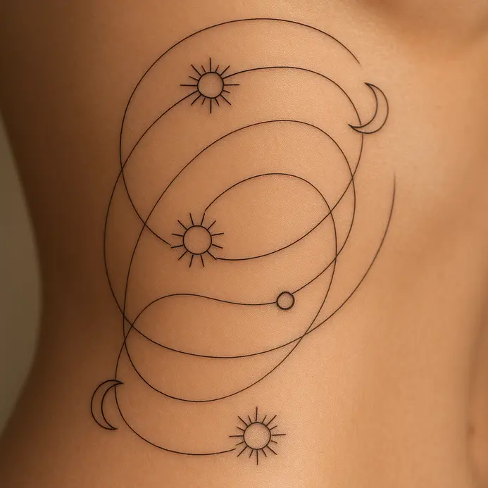 Clean lineart tattoos of an orbiting sun and moon on two side torso placements.