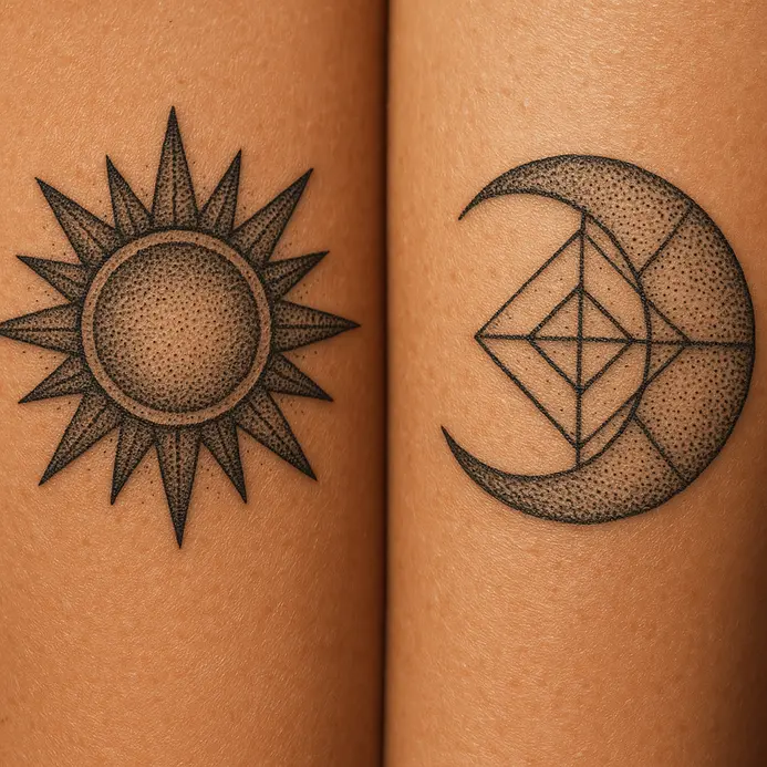 Matching geometric sun and moon tattoos on forearms created with detailed dotwork shading.