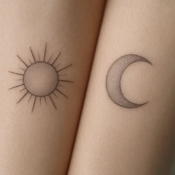 Matching forearm tattoos of a sun and moon executed with fine dotted lines.