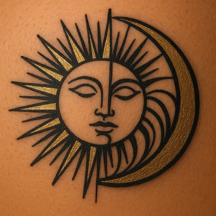 Stylized Art Deco sun and moon motifs as matching tattoos on two shoulders.